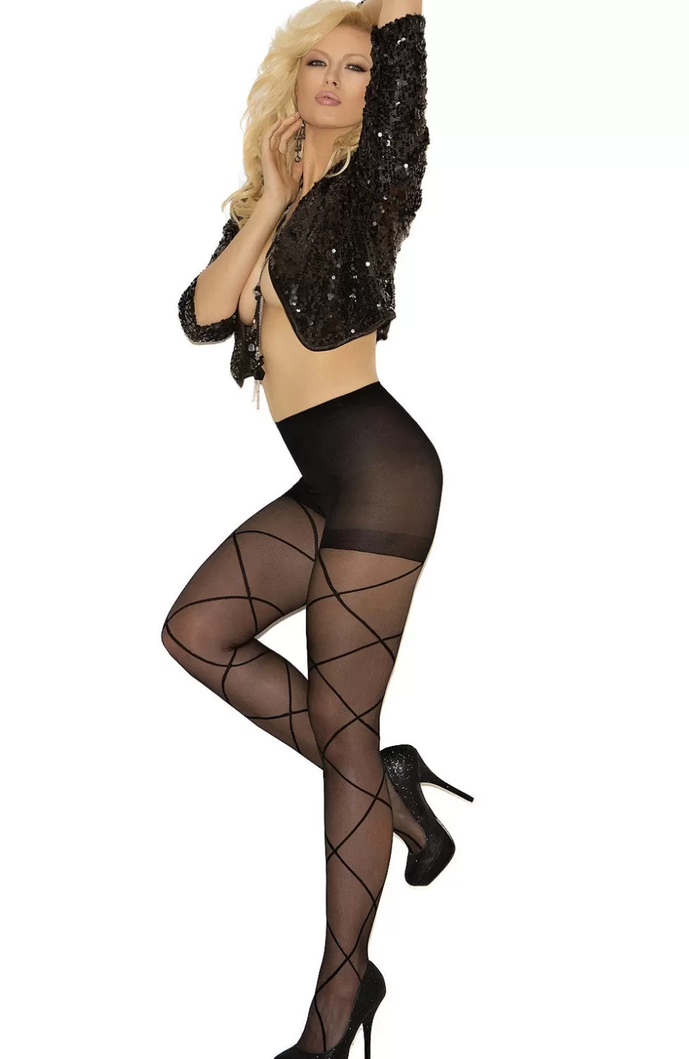 Cheap Sexylingerieland EM-1841 Sheer pantyhose criss cross detail Black